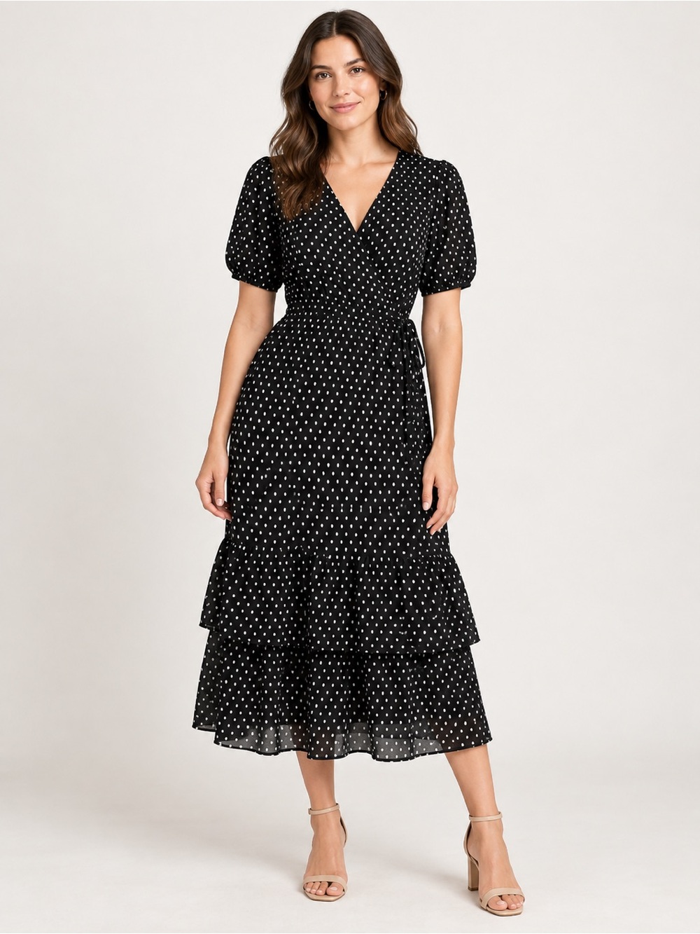 Knox Rose Black Midi Wrap Dress with White Dot Print